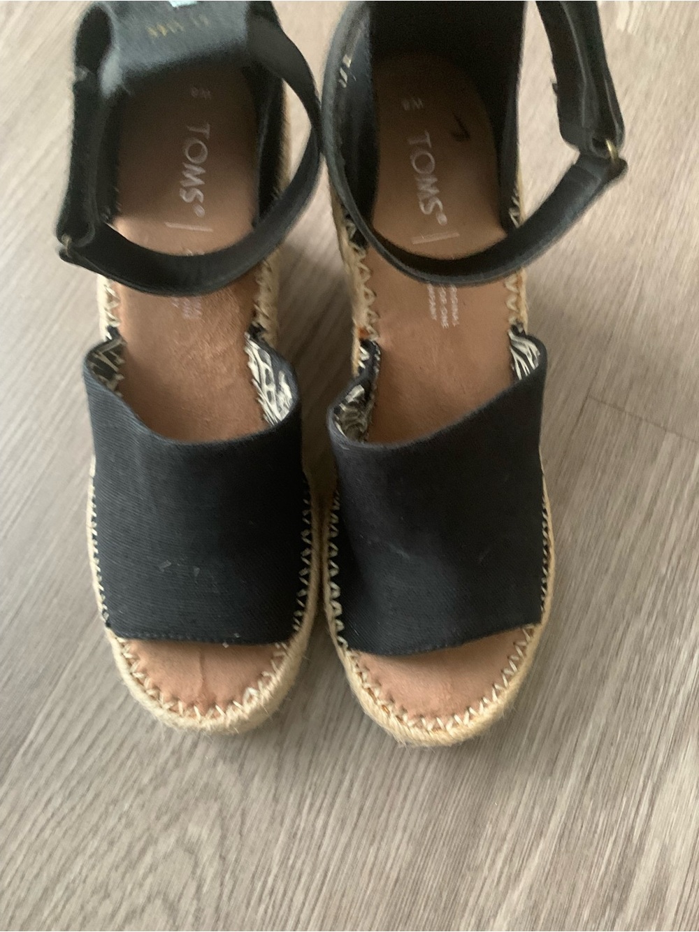TOMS Black Canvas Espadrille Wedge Sandals with Ankle Strap